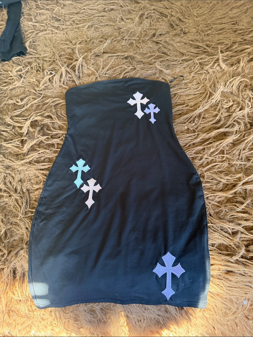 Black Strapless Womens Mini Dress with pastel Cross AppliquΓ©s. Small